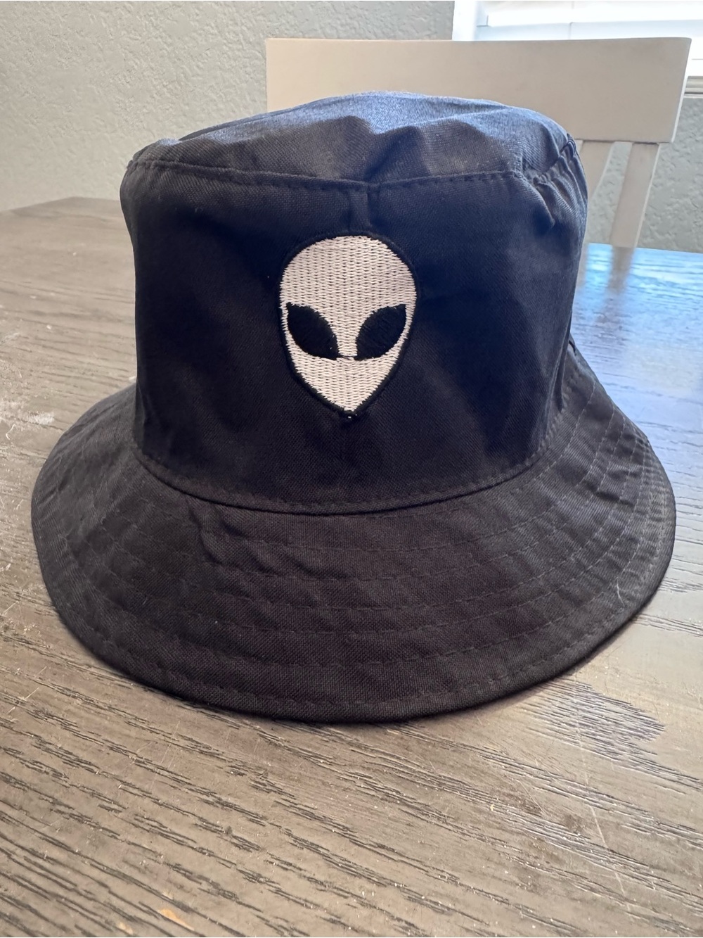 Black Bucket Hat with White Alien Patch